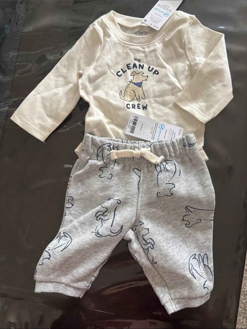 Carter's Cream Long-Sleeve Top & Gray Puppy Sketch Joggers